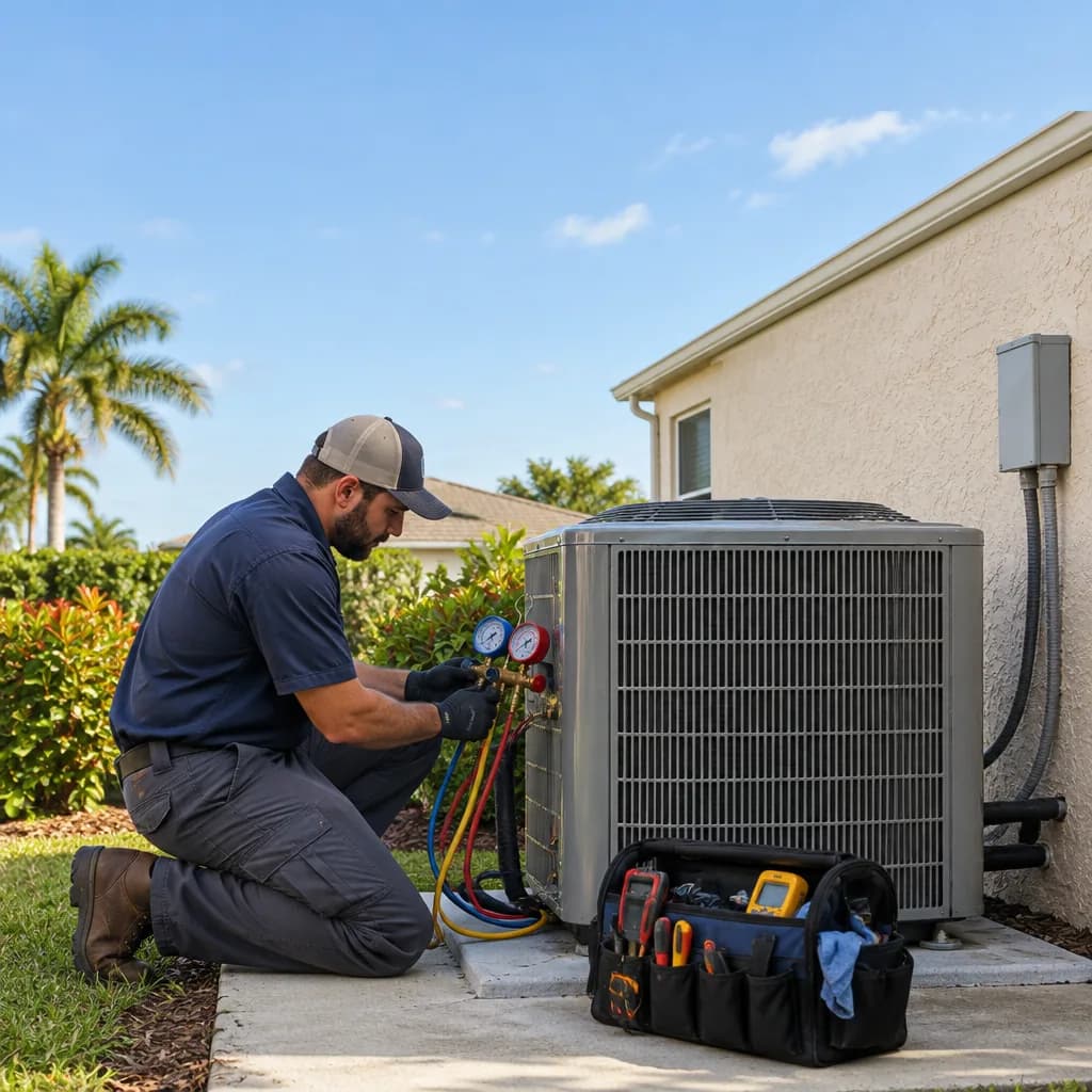 HVAC technician checking a new AC condenser