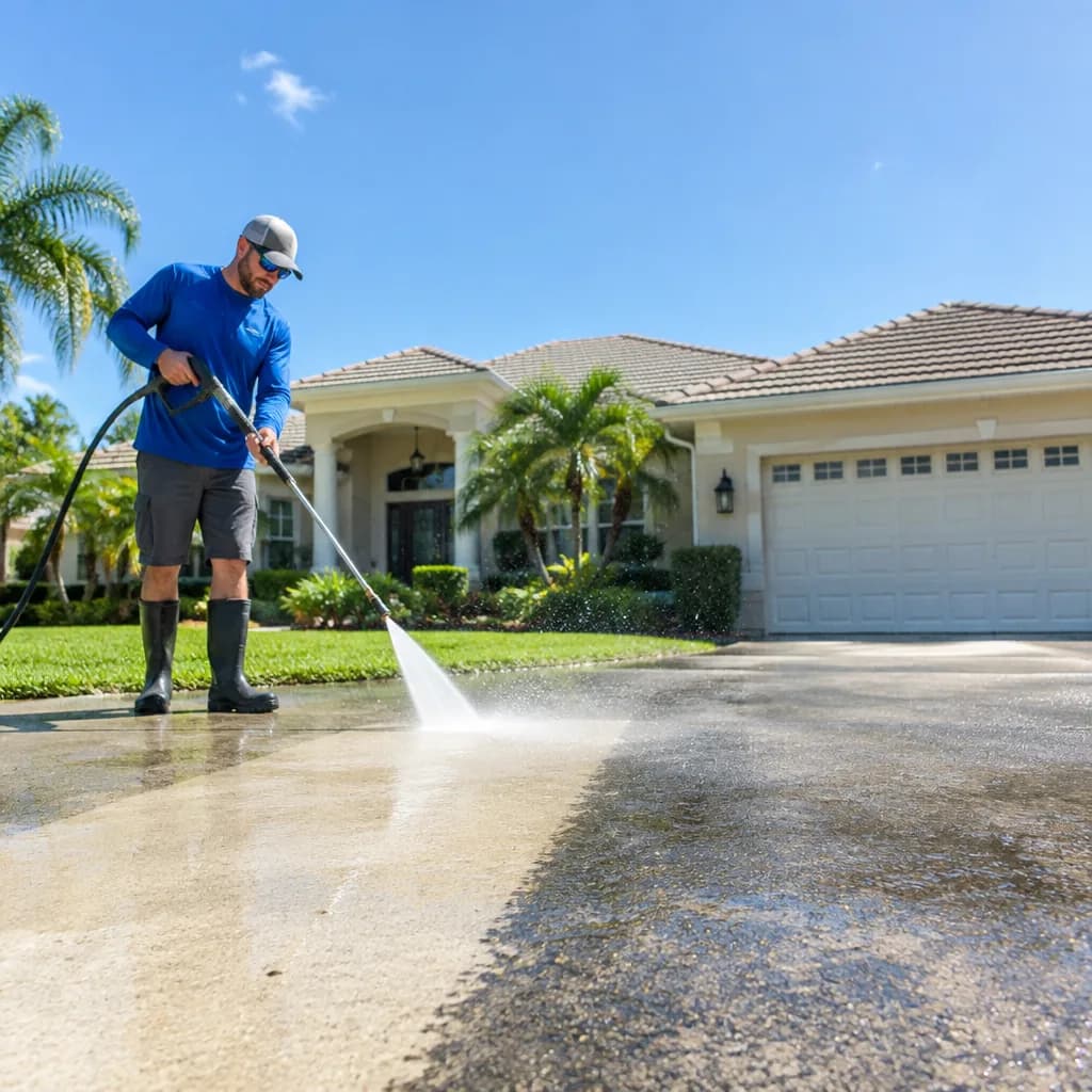 Pressure washing a driveway with a clean before and after stripe