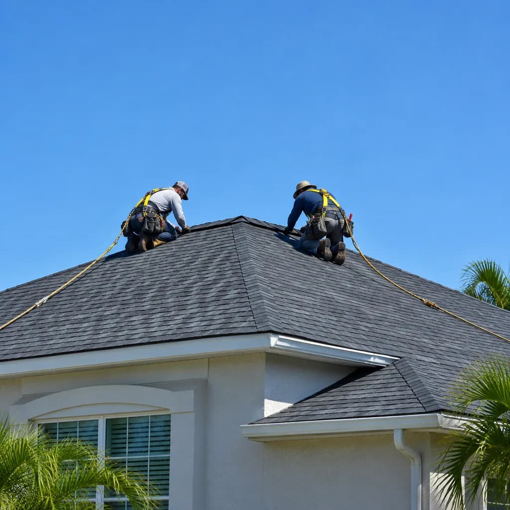 Roofers installing a new shingle roof on a Florida home