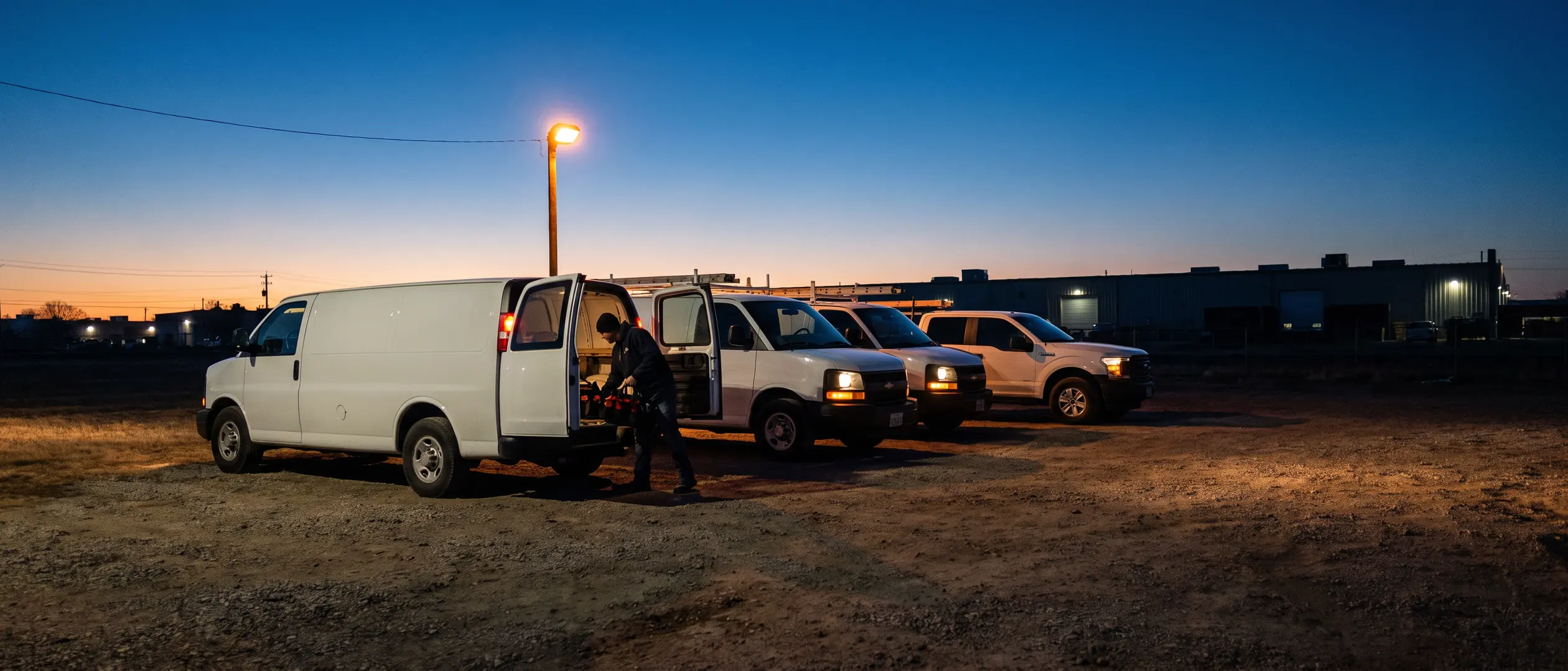 Row of service vans ready to roll out at dawn